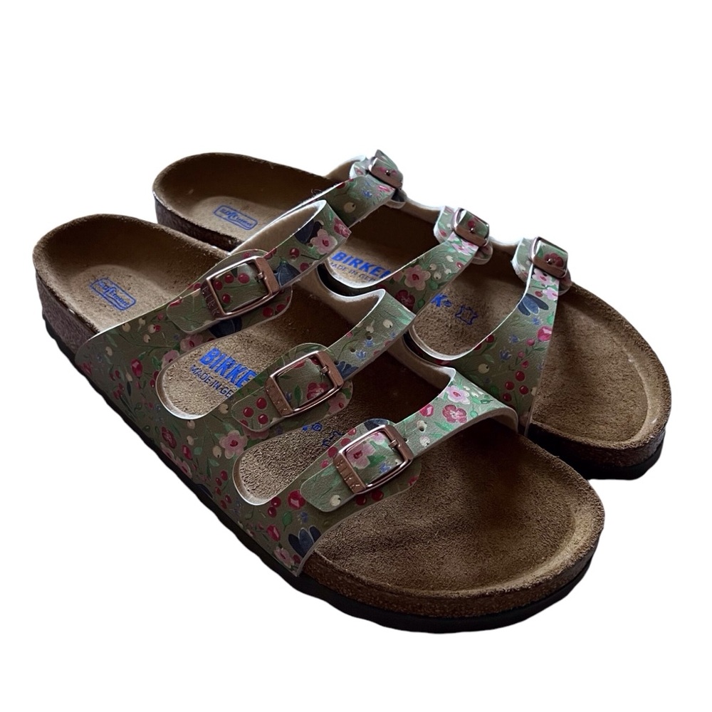 Birkenstock Size 40 Florida Sandal Meadow Floral Pattern Green Pink Leather